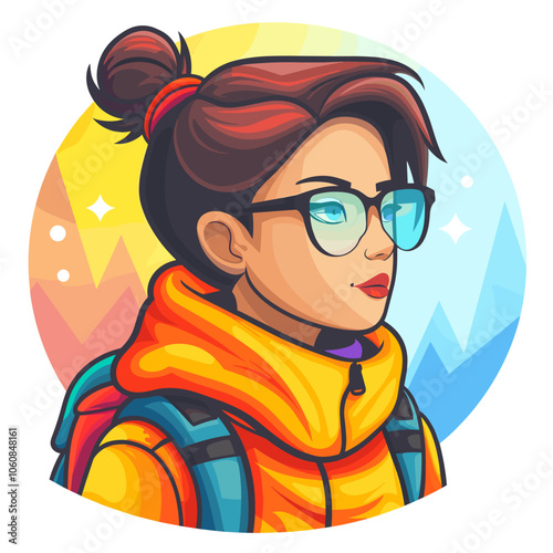 Woman with glasses and a backpack is wearing a yellow jacket. She is looking at the camera