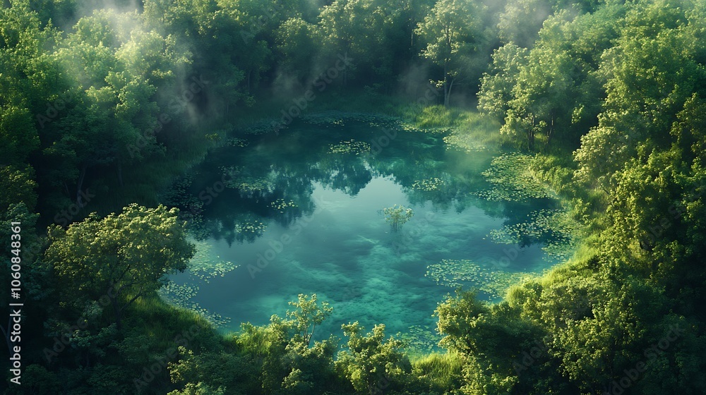 Overhead view of forest wetlands, small lakes and ponds surrounded by dense trees, lush foliage blending into clear water, sunlight creating reflections on water surfaces, mist gently rising, Overhead view of forest wetlands, small lakes and ponds surrounded by dense trees, lush foliage blending into clear water, sunlight creating reflections on water surfaces, mist gently rising,