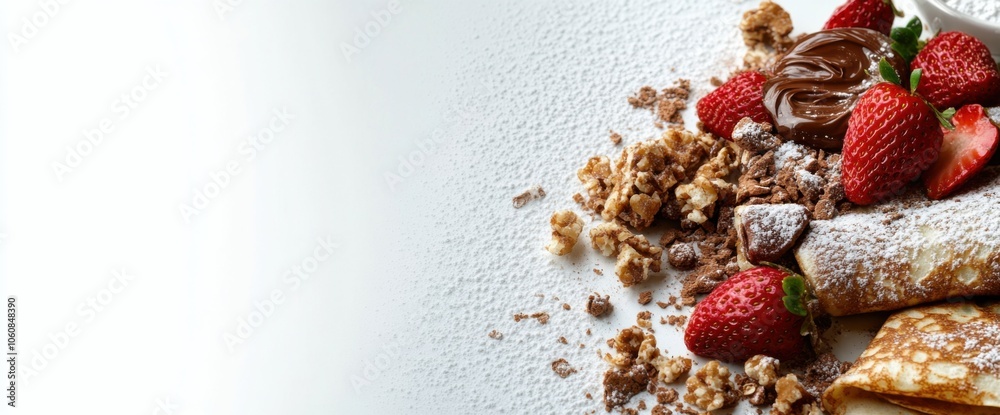 Luxurious bird's eye view of crepes with nutella, strawberries, and granola for gourmet breakfast inspiration