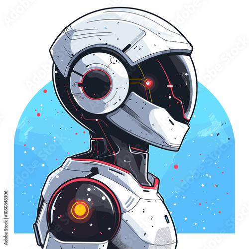 Robot with a helmet on a white background. The robot is wearing a white helmet and has a futuristic look