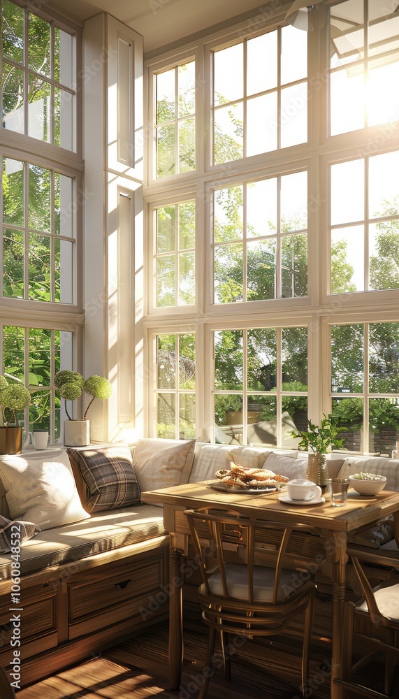 Fototapeta premium Cozy Dining Nook with Sunlit Windows and Cushioned Bench for Breakfast Spot