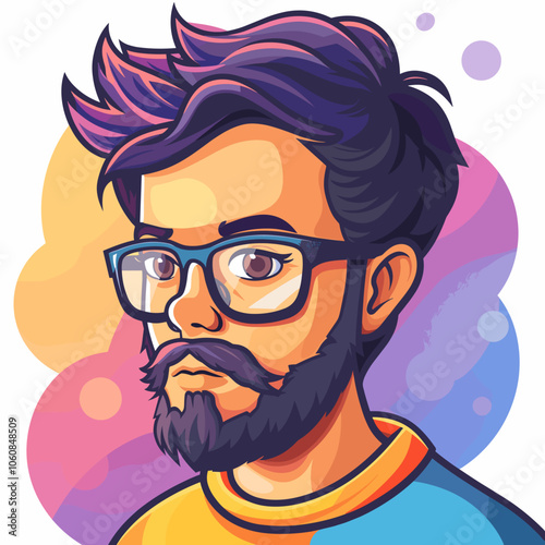 Man with glasses is the main focus of the image, he has a serious expression on his face. The image is a cartoonish representation of a man