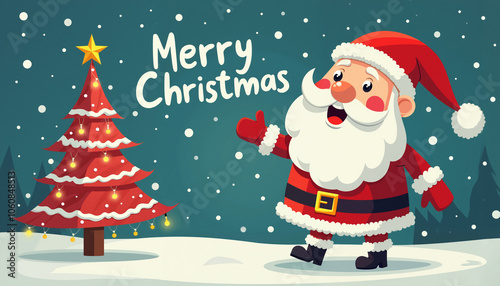 Smiling cartoon Santa Claus in red suit with white fur trim, standing next to a lit-up Christmas tree with "Merry Christmas" text. Blue background with snowflakes and a snowy landscape.