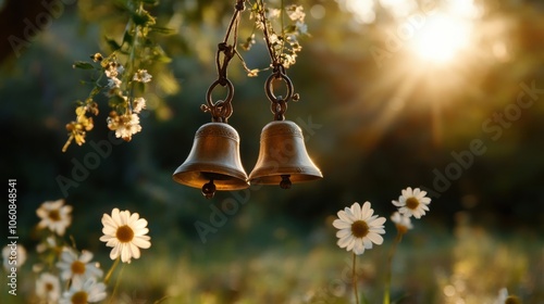 Serene church bells ringing amidst blooming wildflowers in a spring meadow