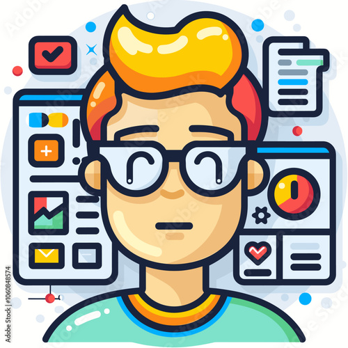 Man with glasses and a red beard is looking at a computer screen with a lot of icons and buttons. Concept of a busy workday, with the man likely working on multiple tasks at once