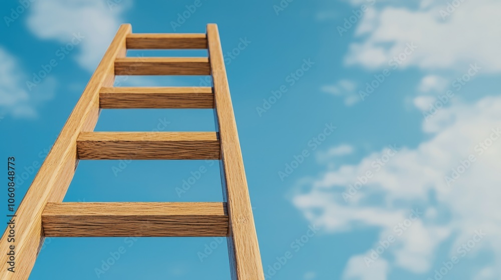 A wooden ladder rises against a bright blue sky with fluffy clouds, symbolizing aspiration and journey towards greatness. A wooden ladder rises against a bright blue sky with fluffy clouds, symbolizing aspiration and journey towards greatness.