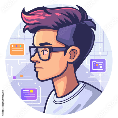 Man with glasses is the main focus of the image, he has a serious expression on his face. The image is a cartoonish representation of a man