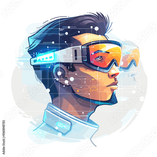 Man wearing goggles and a white jacket is looking at a computer screen. The image is of a futuristic scene with a man wearing goggles and a white jacket