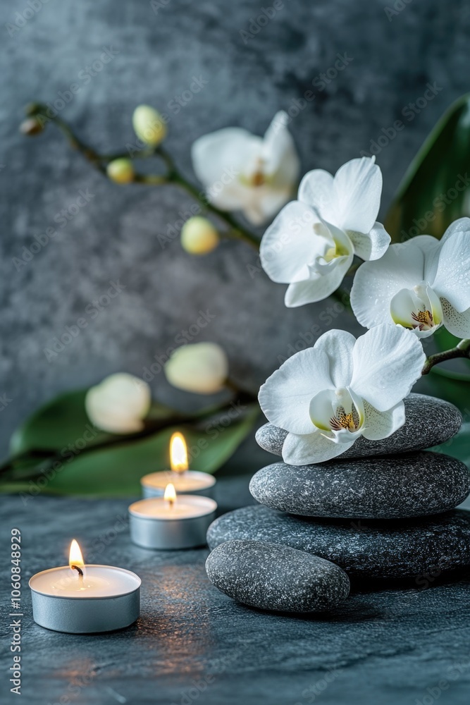 Zen and calming setup of candles, flowers, and stacked rocks for meditation or relaxation. Zen and calming setup of candles, flowers, and stacked rocks for meditation or relaxation.