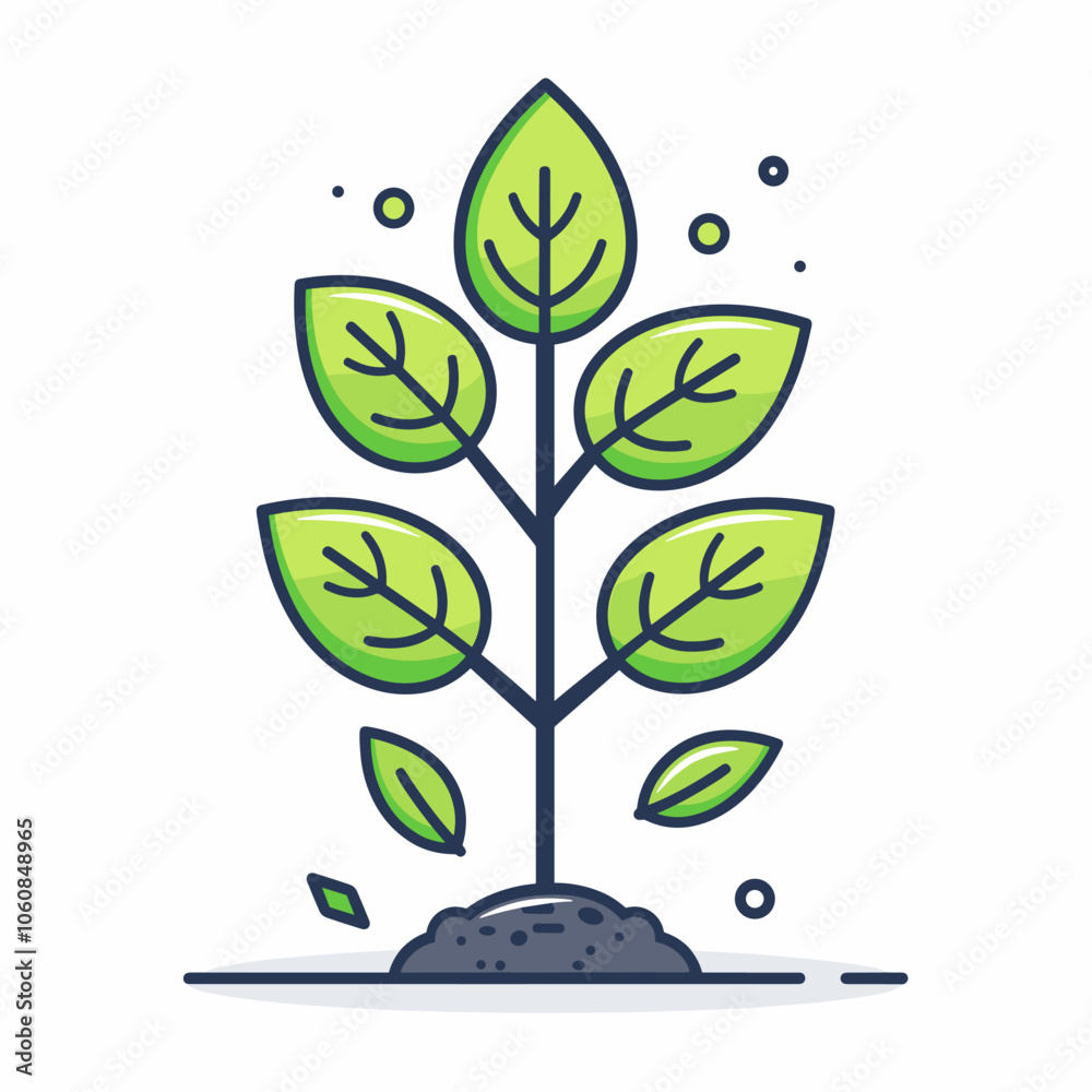 Green leafy plant with a stem. The leaves are green and the stem is blue. The plant is a symbol of growth and life Green leafy plant with a stem. The leaves are green and the stem is blue. The plant is a symbol of growth and life
