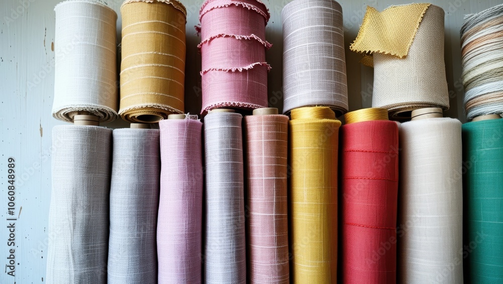 Fabric rolls, pastel colors, textile display, soft textures, natural light, linen materials, craft supplies, sewing notions, muted tones, window sill, DIY crafting, interior decor, delicate fabrics, a Fabric rolls, pastel colors, textile display, soft textures, natural light, linen materials, craft supplies, sewing notions, muted tones, window sill, DIY crafting, interior decor, delicate fabrics, a