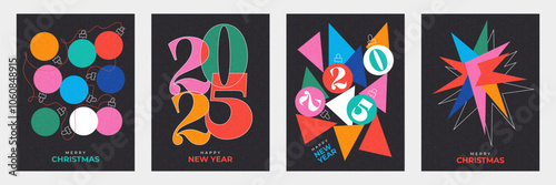 Merry Christmas and Happy New Year 2025 set of greeting card, poster, web banner, holiday cover. Modern bright Xmas design template in trendy geometric style for ads, sales, print and season greetings