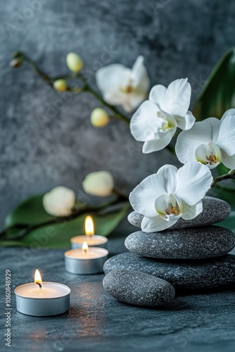 Zen and calming setup of candles, flowers, and stacked rocks for meditation or relaxation.
