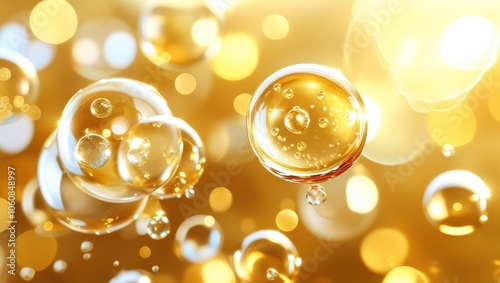 Bubbles, golden liquid, champagne, macro photography, shimmering, effervescent, high-contrast, luxurious, sparkling, reflective surfaces, warm tones, close-up, celebratory, elegant, glossy, transparen