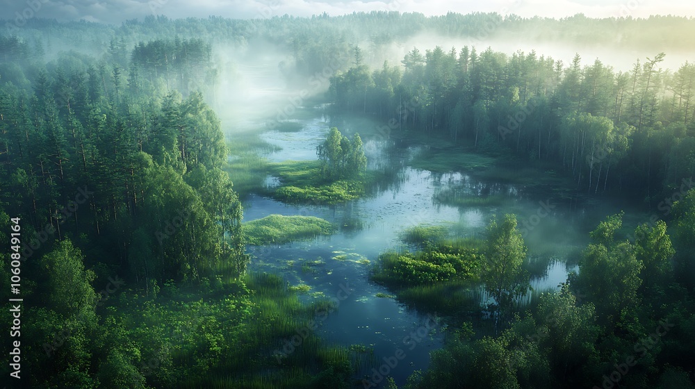 Scenic aerial view of a dense forest with interwoven wetlands, patches of water glistening amidst lush greenery, natural light casting soft shadows, tranquil atmosphere, Scenic aerial view of a dense forest with interwoven wetlands, patches of water glistening amidst lush greenery, natural light casting soft shadows, tranquil atmosphere,