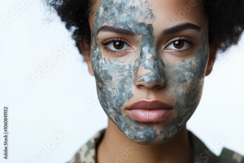 A person wearing a camouflage face mask, ideal for use in military or outdoor-themed contexts