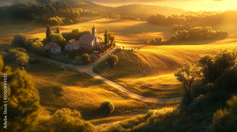 Fototapeta premium Scenic aerial view of a sunlit farm with fields of gold, winding paths meandering through the landscape, soft light creating long shadows, serene and open countryside,