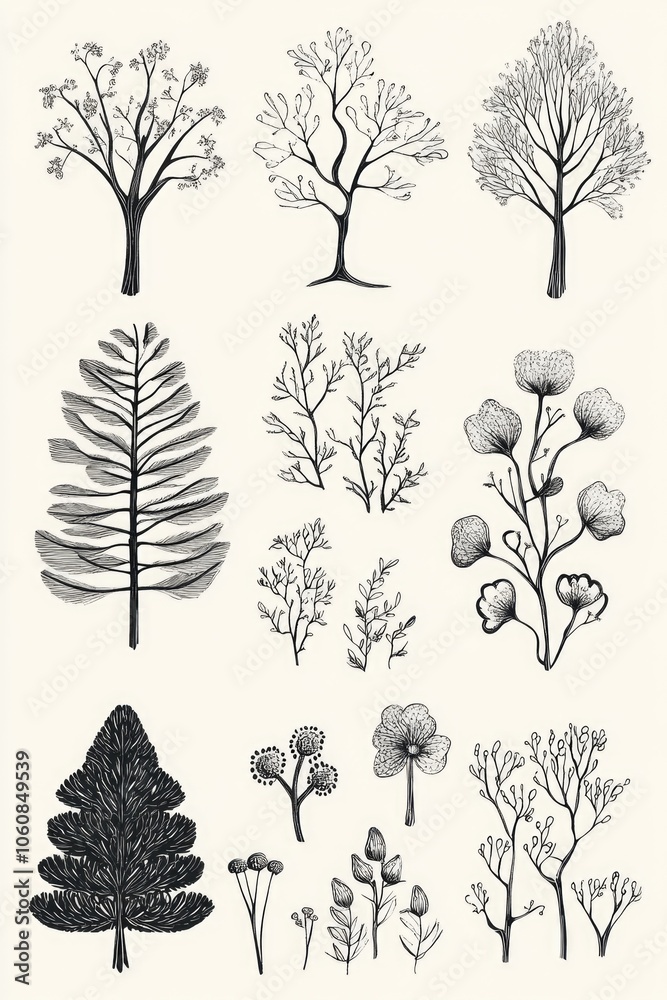 Fototapeta premium A set of six tree illustrations, including evergreen and deciduous trees in various styles.