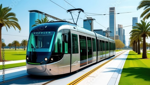 Modern light rail tram, futuristic city transportation, palm tree lined street, waterfront promenade, sleek blue skyscrapers, sunny day, clean urban environment, eco-friendly public transit, coastal c