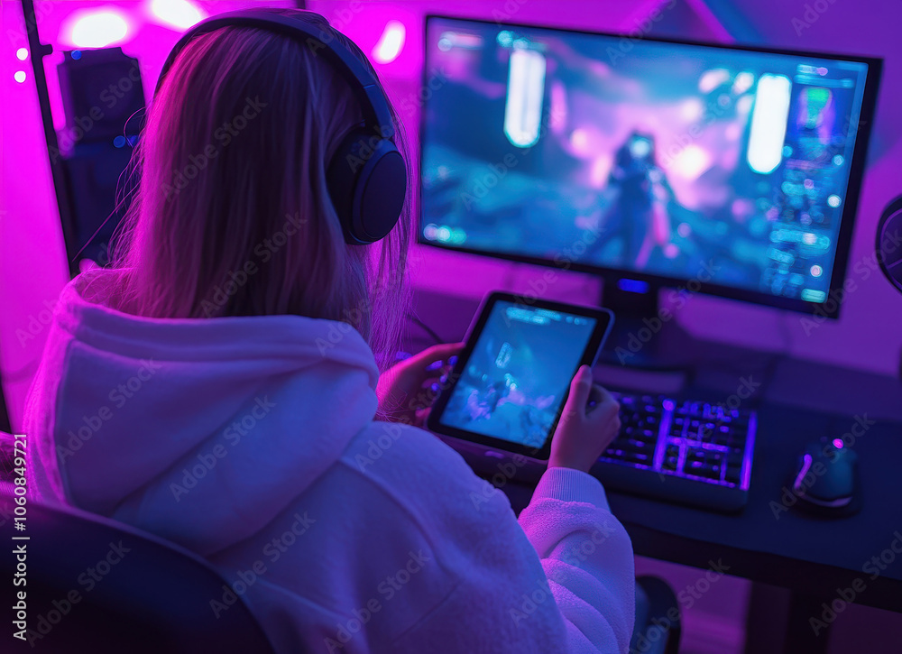 Gamer girl playing online video game using tablet and computer in stylish room Gamer girl playing online video game using tablet and computer in stylish room