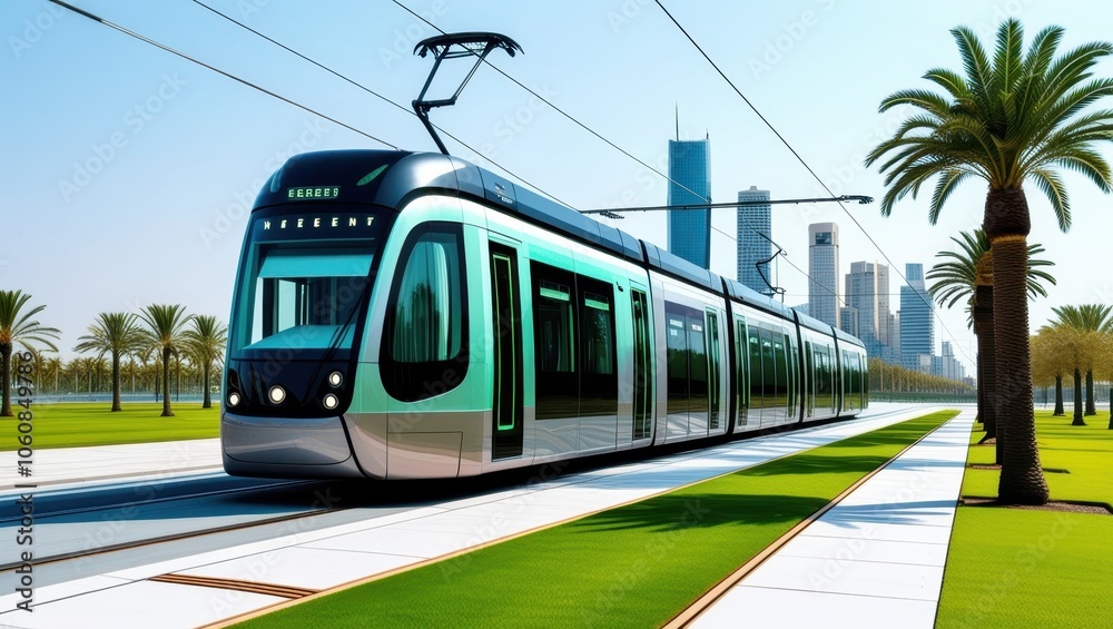 Fototapeta premium Modern light rail tram, futuristic city transportation, palm tree lined street, waterfront promenade, sleek blue skyscrapers, sunny day, clean urban environment, eco-friendly public transit, coastal c