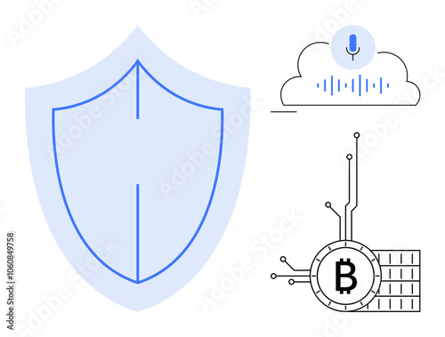 Shield, cryptocurrency symbol, and cloud with microphone. Ideal for cybersecurity, cryptocurrency, blockchain, voice recognition technology digital privacy. Clean lines, minimalist, modern