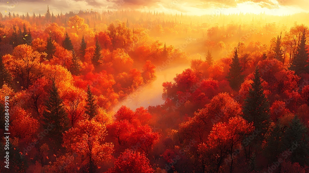 Scenic aerial view of autumn forest, vibrant red, orange, and yellow leaves covering the landscape, soft light enhancing the depth of colors, tranquil and breathtaking, ultra-detailed textures,