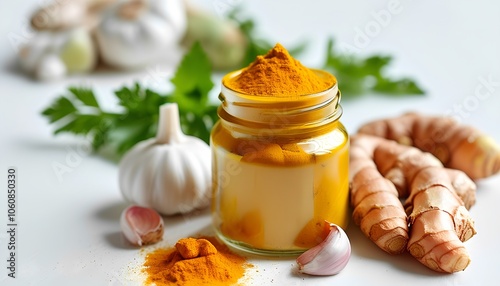 Jar of golden turmeric powder with garlic and ginger, ideal for immunity and wellness themes photo