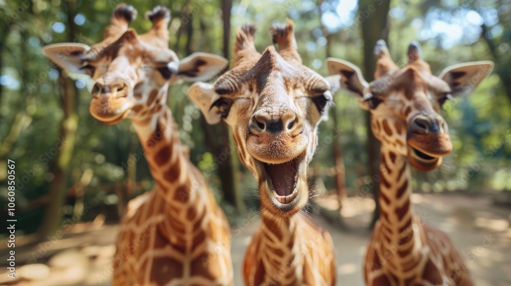 Naklejka premium Group of giraffes standing close, illustration of friendship and social bonding