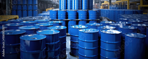 Blue metal barrels storing chemicals or oil products in warehouse photo