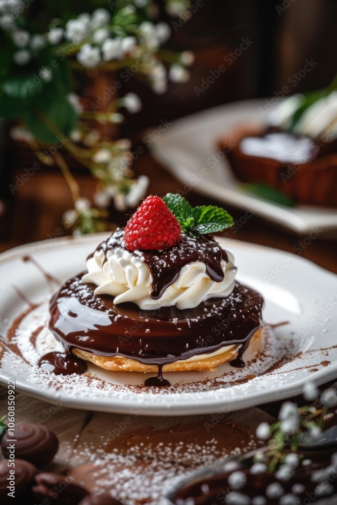 A sweet treat featuring chocolate and whipped cream on a plate A sweet treat featuring chocolate and whipped cream on a plate