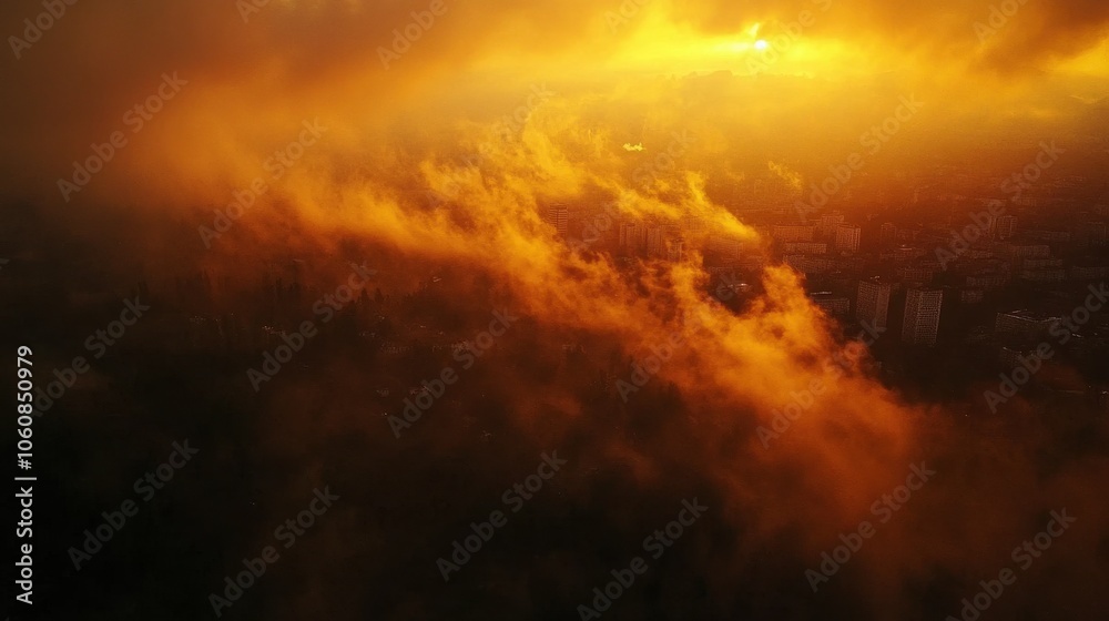 Naklejka premium Glowing Sunset Clouds Over the City Skyline