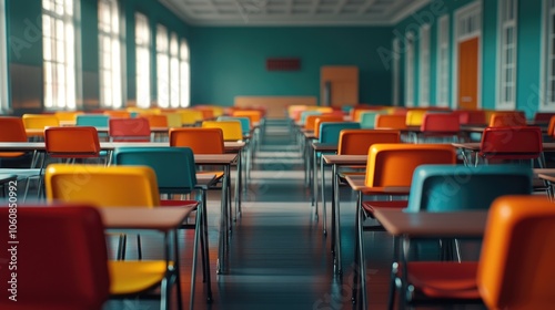 Empty classroom with rows of colorful desks and chairs. Ideal for students and teachers looking to learn.