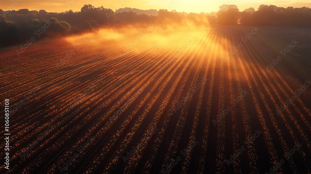 Obraz premium Scenic farmland at sunset, captured from above, long shadows stretching across tilled fields, crops catching the last golden light, evening atmosphere with soft mist in the distance, highly detailed,