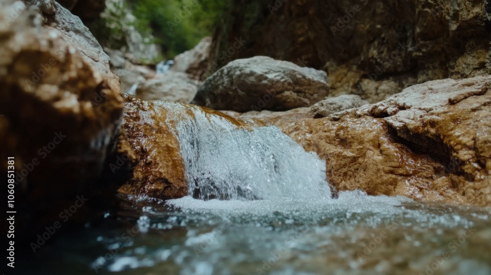 Tranquil spring waterfall in a rocky forest setting Tranquil spring waterfall in a rocky forest setting