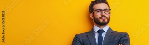 A young man in a suit and tie stands against a bright yellow wall, looking thoughtfully into the distance.