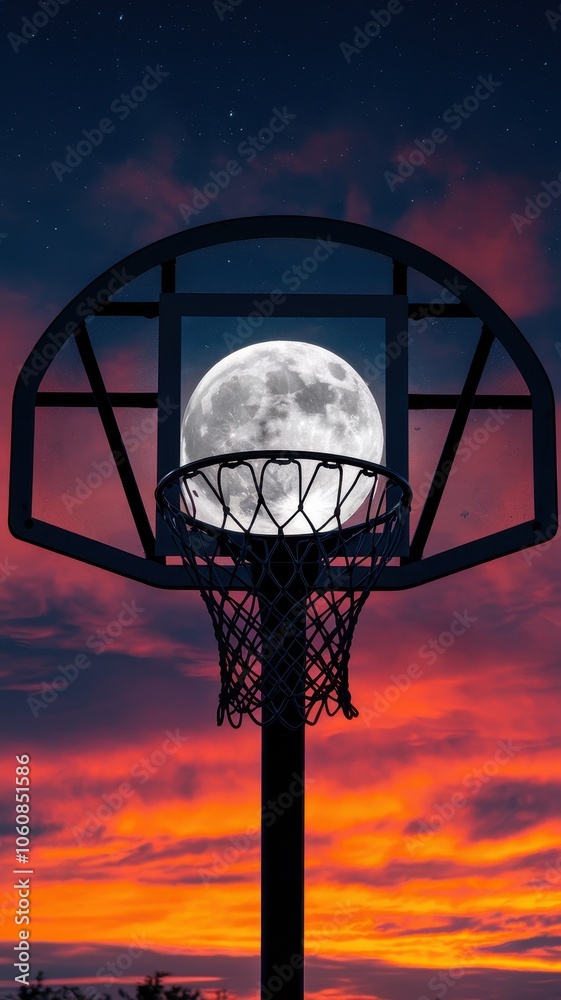 Basketball Hoop with Backdrop of Full Moon and Dusk Sky Basketball Hoop with Backdrop of Full Moon and Dusk Sky