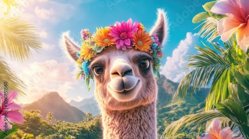 Colorful hippie llama with flower crown in sunny rolling hills landscape