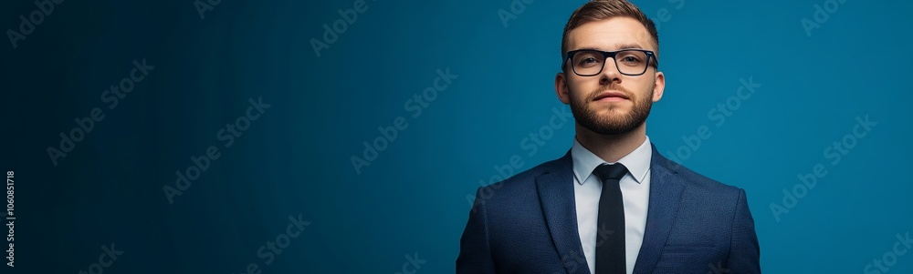 Young caucasian man wearing a suit and glasses looks directly at the camera. He stands against a blue background. Young caucasian man wearing a suit and glasses looks directly at the camera. He stands against a blue background.