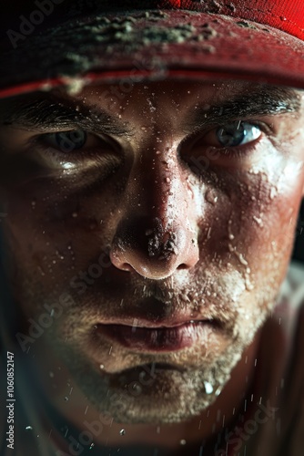 A man wearing a baseball uniform, looking intense with water droplets on his face and shirt. He appears to be covered in sweat from playing sports or working out.