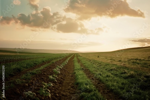 Farm at sunset with dirt path.