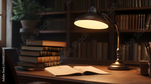 A warm desk lamp casts a gentle glow on a collection of books stacked on a wooden table, creating a cozy atmosphere perfect for reading