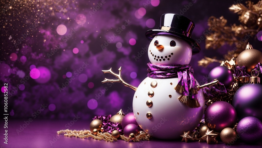 A beautiful snowman and baubles on violet background, christmas scene A beautiful snowman and baubles on violet background, christmas scene
