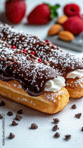 Chocolate covered eclairs with cream and berries for spring dessert idea photo