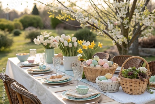 Obraz na płótnie Frühlingshafte Ostertafel im Garten mit bunten Eiern und Blumenarrangements w salonie