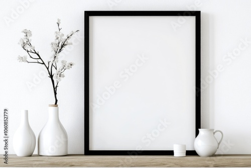 Modern empty picture frame on cream colored wall, with minimalist decor arrangement.