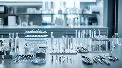 A neatly arranged collection of laboratory tools including pipettes, burettes, and tongs on a clean workbench, bright lab lighting highlighting the metallic and glass textures, photo