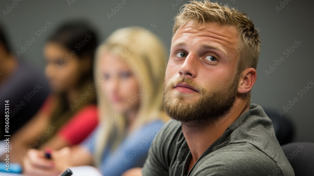 Obraz premium Attentive listening in a group setting: focused man in a classroom environment