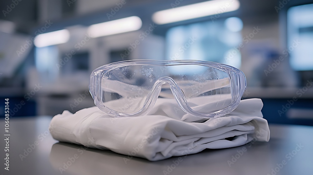 A pair of safety goggles and gloves resting atop a folded lab coat on a laboratory counter, clean lines and soft lighting creating a calm and orderly scene, A pair of safety goggles and gloves resting atop a folded lab coat on a laboratory counter, clean lines and soft lighting creating a calm and orderly scene,