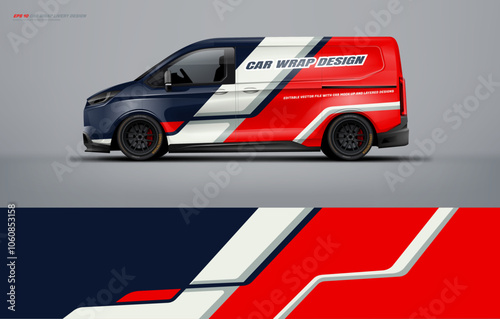 van wrap design for universal medium van, with a touch of Abstract simple racing Graphics in red black and white with background. Vector eps print ready printable file.